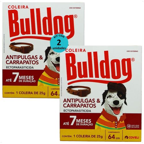 COLEIRA ANTIPULGAS E CARRAPATOS BULLDOG 7 COM 64CM E 25G PARA CÃES COVELI KIT COM 2